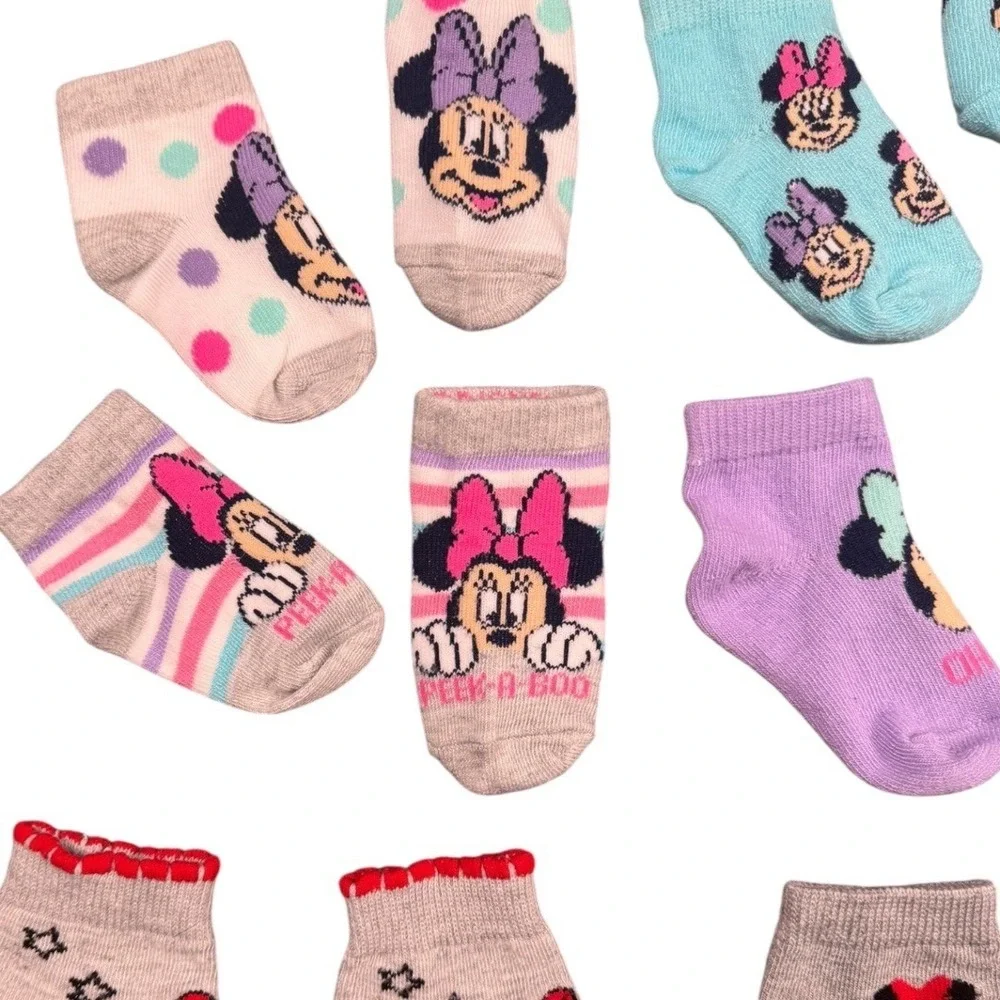 Disney Minnie Mouse Baby Socks 9 Pair Bundle Toddler Girl Cotton‎ Rich Cute 590
